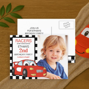 Rode raceauto zwart wit geruit 2e verjaardag briefkaart