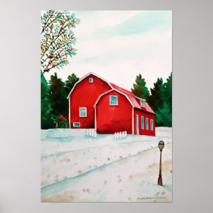 Rode randen in sneeuw - Waterverf landschapskunst  Poster