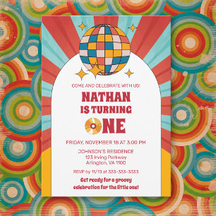 Rode Retro 1e Kids Verjaardag Groovy Party Vinyl Kaart