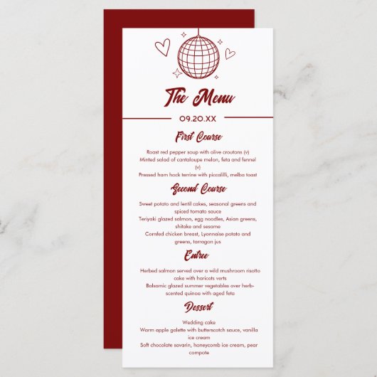 Rode Retro Groovy Disco 70s bruiloft Menu (Voorkant / Achterkant)