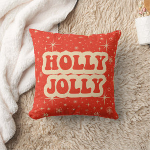 Rode Retro Groovy Vintage Kerstmis Hulst Vrolijk Kussen