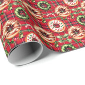 Rode Retro Kerst Donuts Rode Tartan Plaid Cadeaupapier (Rol Hoek)