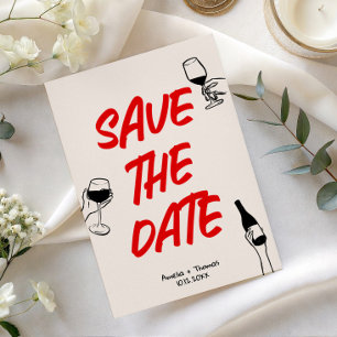 Rode retro krabbel save the date bruiloft kaart