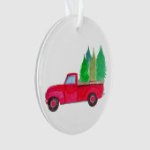 Rode retro pick-uptruck met bomen ornament (voorkant)