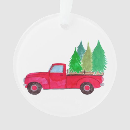 Rode retro pick-uptruck met bomen ornament (voorkant)