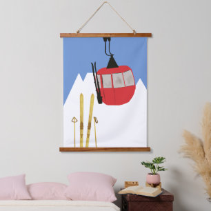 Rode Retro Ski Lift Berg Hangend Wandkleed
