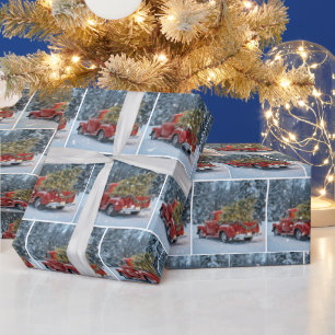 Rode retro truck met kerstboom in sneeuwvlokken cadeaupapier