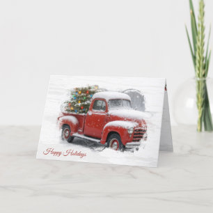 Rode retro truck met kerstboom kaart