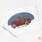 Rode  Retro Vrachtwagen en Kerstboom Ovale Sticker (Envelop)