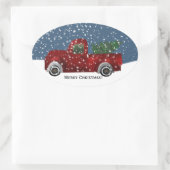 Rode  Retro Vrachtwagen en Kerstboom Ovale Sticker (Tas)