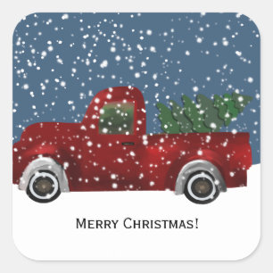 Rode  Retro Vrachtwagen en Kerstboom Vierkante Sticker