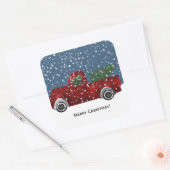 Rode  Retro Vrachtwagen en Kerstboom Vierkante Sticker (Envelop)