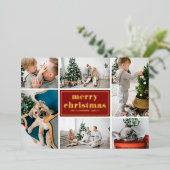Rode Retro Vrolijk Kerstfeest Fotocollage Folie Feestdagenkaart (Staand Voorkant)