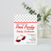 Rode Retro zonnebril/pokdots Pool Party Kaart (Staand voorkant)