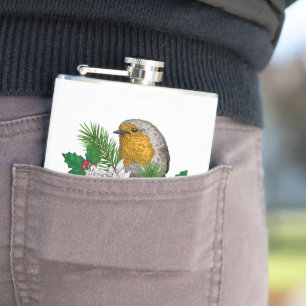 Rode robin op kerstversiering heupfles