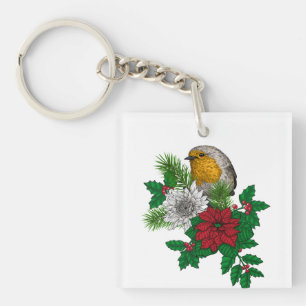 Rode robin op kerstversiering sleutelhanger