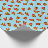 Rode robins met kerstavaar blauw cadeaupapier (Hoek)