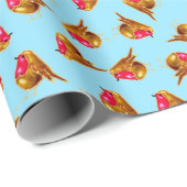 Rode robins met kerstavaar blauw cadeaupapier (Rol Hoek)