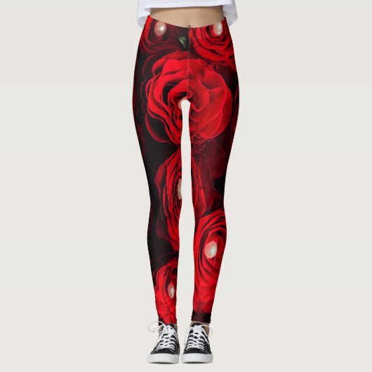 rode rog zwarte parelbloem leggings (Voorkant)