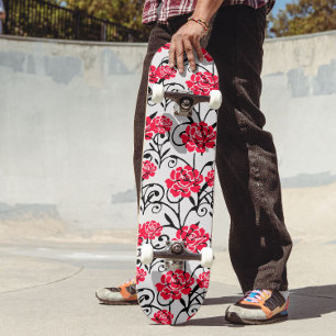 Rode Roos Bloemen Illustratie Patroon Ontwerp Skateboard