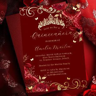 Rode Roos Bloemige Gouden Swirl Quinceanera Folie Uitnodiging