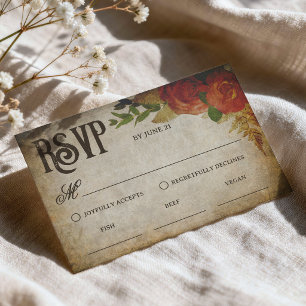 Rode Roos Boeketten Vintage Trouwmaaltijd Keuzes RSVP Kaartje