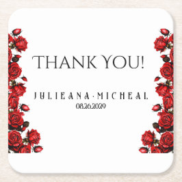 Rode roos bruiloft vierkante kartonnen onderzetter
