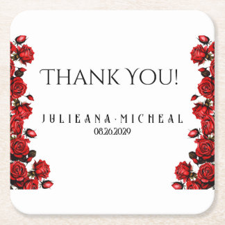 Rode roos bruiloft vierkante kartonnen onderzetter