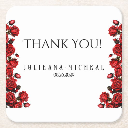 Rode roos bruiloft vierkante kartonnen onderzetter (Voorkant)