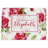 Rode roos en een witte klassieke afdruklaptas met  groot cadeauzakje (Voorkant)