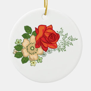 Rode Roos en Madeliefjes Keramisch Ornament