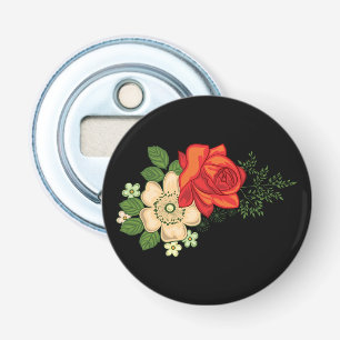Rode Roos en Madeliefjes Zwarde Achtergrond Button Flesopener