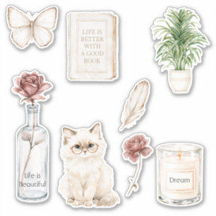 Rode Roos Fles Vlinder Kat Kaars Boek Veer Sticker