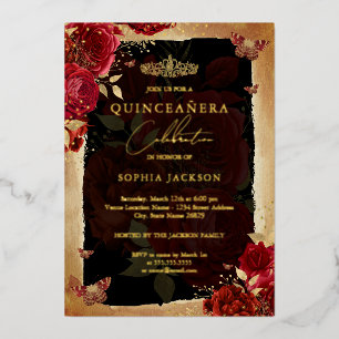 Rode Roos Gouden Bloem Vlinder Tiara Quinceanera Folie Uitnodiging