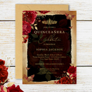 Rode Roos Gouden Bloem Vlinder Tiara Quinceanera Folie Uitnodiging