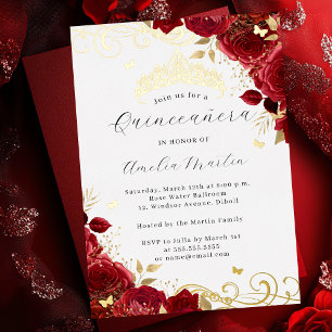 Rode Roos Gouden Bloemrijke Swirl Quinceanera Folie Uitnodiging