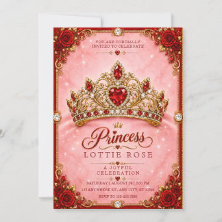 Rode Roos Gouden Kroon Prinses Verjaardagsuitnodig Kaart