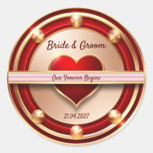 🌸 Rode Roos Gouden Romantische Trouwthema 💖 Ronde Sticker