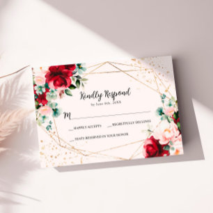 Rode Roos & Gouden Waterverf Bruiloft RSVP Kaart