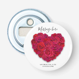 Rode Roos Hart Romantische Bloemen Aangepaste Teks Button Flesopener