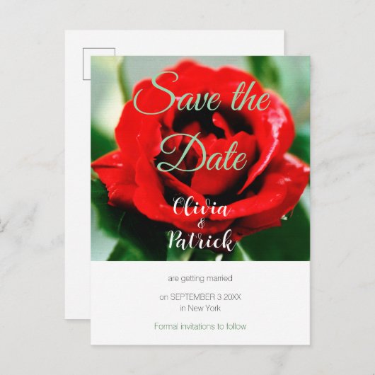 Rode Roos Huwelijk Datum Besparen Uitnodiging Briefkaart (Voorkant / Achterkant)