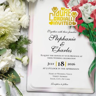 Rode Roos Huwelijksuitnodiging - Gouden Letters 4 Kaart