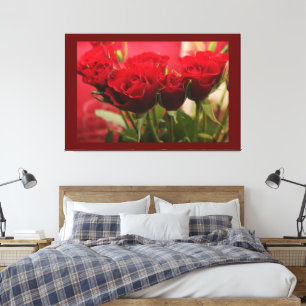 Rode Roos Met Bladeren Donkerrode Achtergrond Prem Canvas Afdruk