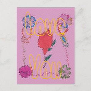 Rode roos op roze: Bloemen Border Art Print / Grap Briefkaart