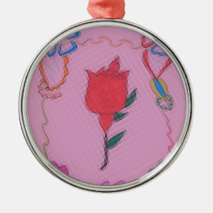 Rode roos op roze: Bloemen Border Art Print / Grap Metalen Ornament