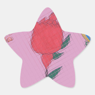 Rode roos op roze: Bloemen Border Art Print / Grap Ster Sticker