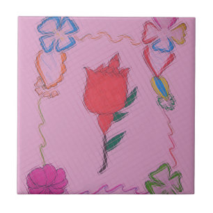 Rode roos op roze: Bloemen Border Art Print / Grap Tegeltje