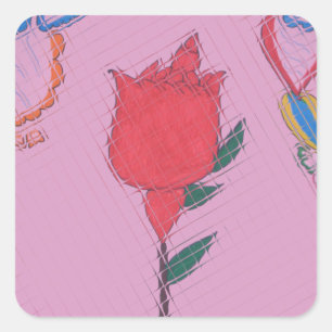 Rode roos op roze: Bloemen Border Art Print / Grap Vierkante Sticker