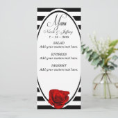 Rode Roos op Zwart & Wit Strepen Bruiloft Menu (Staand voorkant)