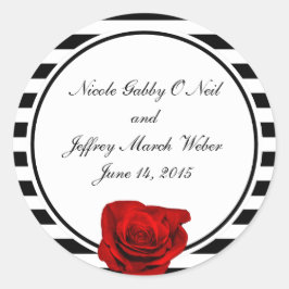 Rode Roos op Zwart & Wit Strepen Bruiloft Ronde Sticker